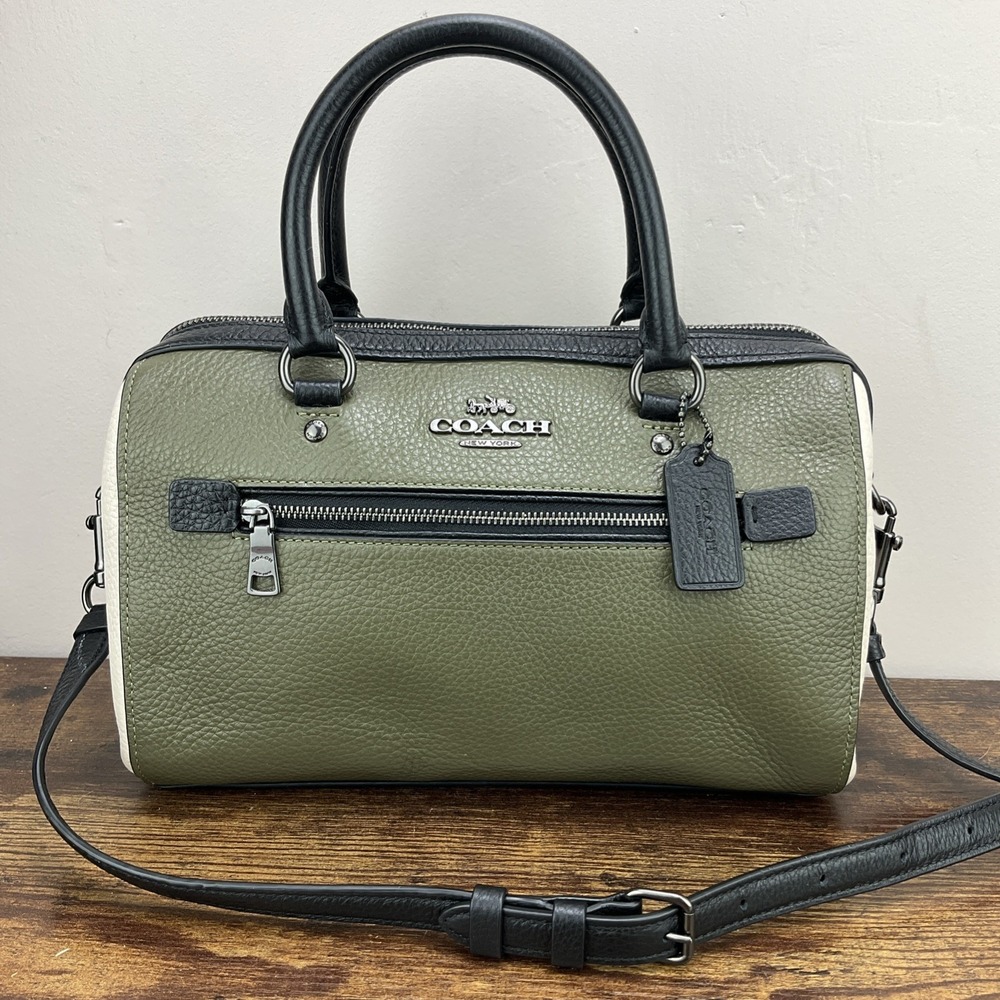 Coach Rowan Satchel Army Green Black White Colorblock Medium Gunmetal Hardware